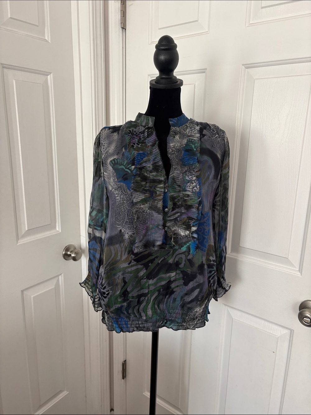 Blue Velvet Silk Sheer Ruffle-Front Blouse in Blue and Green Abstract